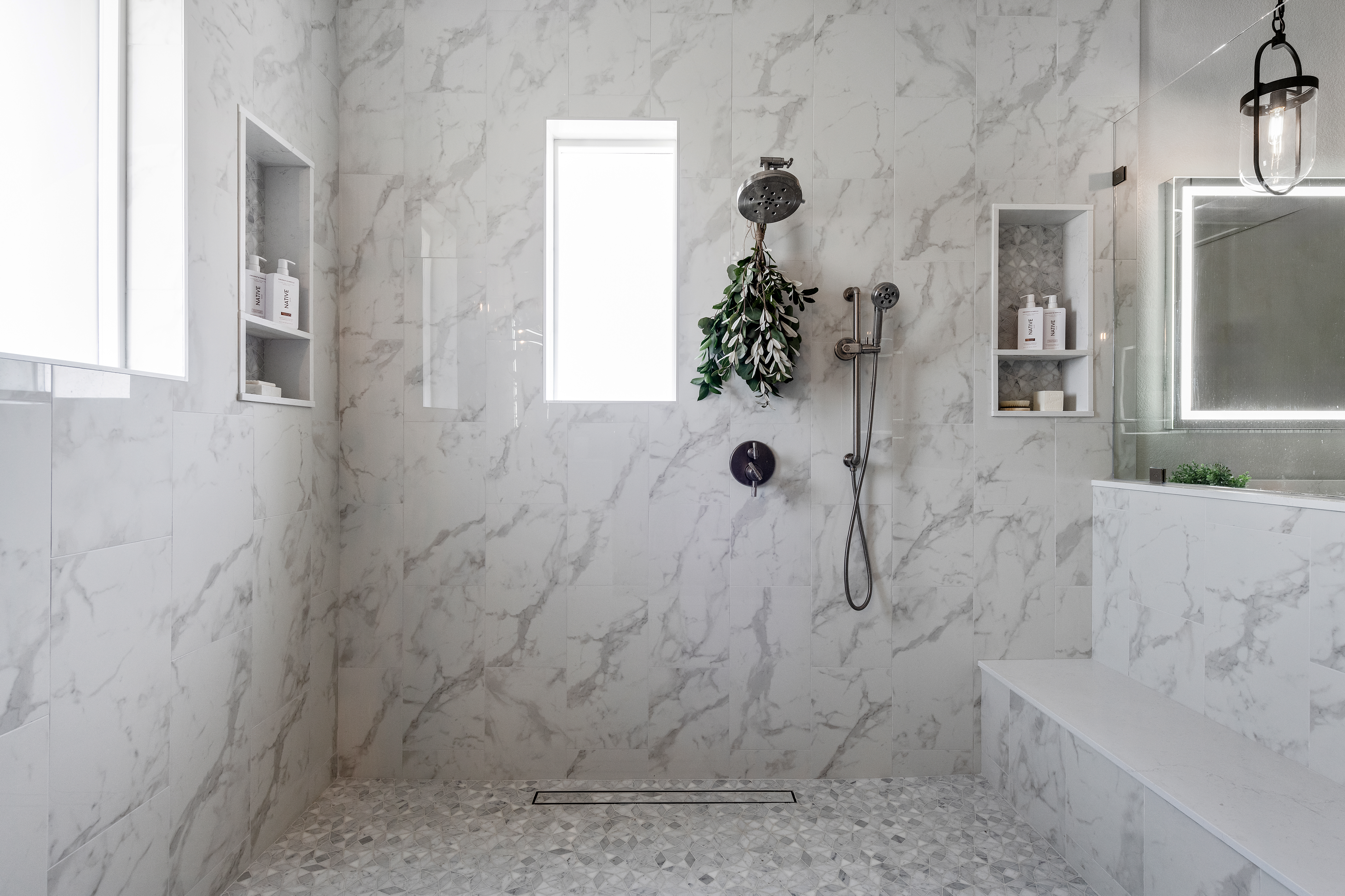 Modern doorless shower in Las Vegas with sleek design and luxurious fixtures in Las Vegas bathroom