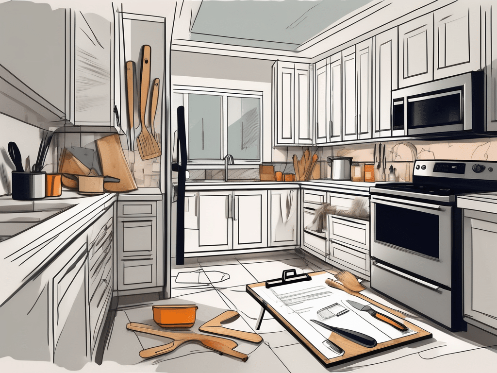 A kitchen undergoing remodeling with various tools and materials scattered around