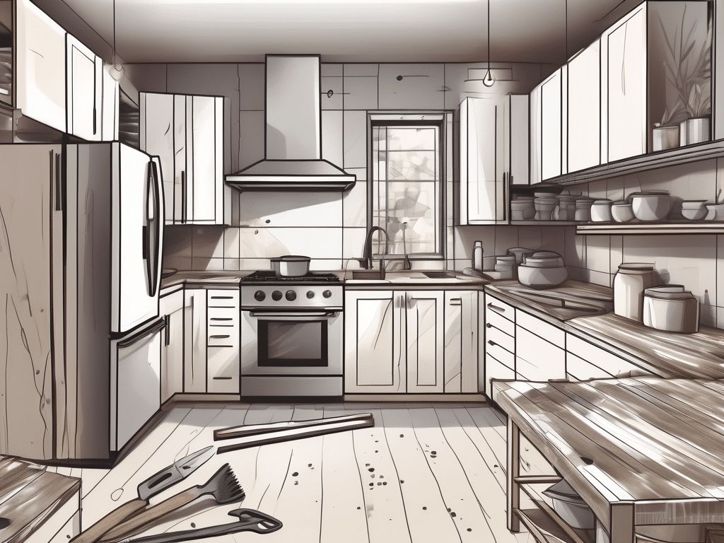 A half-finished custom kitchen with various tools and materials scattered around