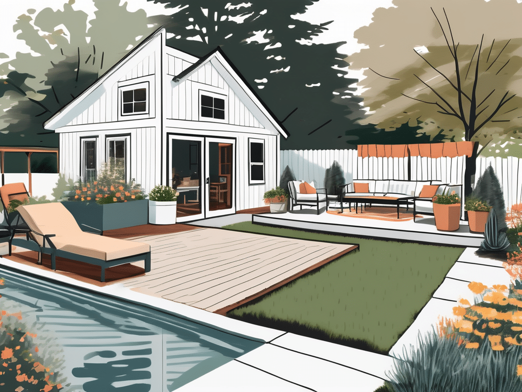 A sunny backyard with seven different areas showcasing home improvement projects such as a newly painted deck